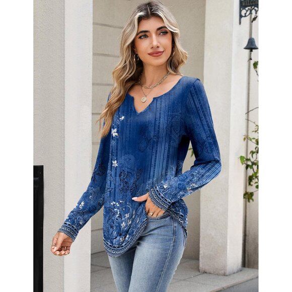 Long Sleeve Boho Top Women Fall V Neck Casual Dressy Blouse Large - Picture 5 of 6